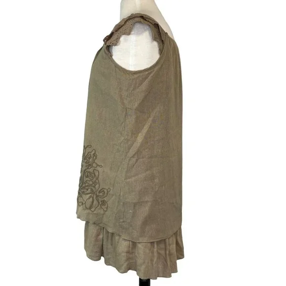 Lagenlook Tan Linen Dress Size M Embroidered Tiers Lightweight Blue Bird Boho - Picture 3 of 12
